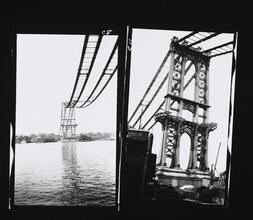 [Manhattan Bridge during construction.]