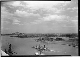 Views from 80th Street and East River. View northeast, Welfare Island and Hell Gate Bridge.
