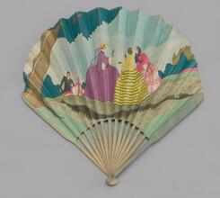 Advertising folding fan of printed paper leaf issued by Maison Prunier