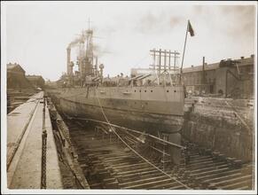 [Battleship in shipyard.]