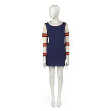 Ensemble in navy, white and orange wool jersey comprising dress and shorts