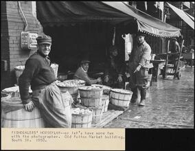 Fishdealers' Horseplay. [Fish sellers outside of the Fulton Fish Market.]