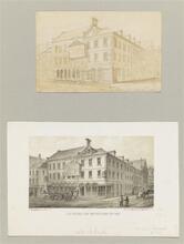 A. Herrings Salamander Cafe Cor. Pine & Water Sts. ; B. Old Houses Cor. Water & Pine Sts. 1857.