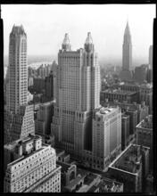 [East 50th Street and Park Avenue. Waldorf Astoria Hotel. Aerial view.]