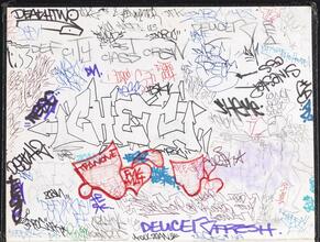 [Inside front cover of graffiti sketchbook.]