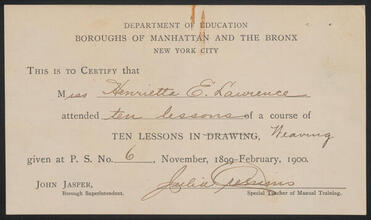 [Certificate of completion of ten lessons in weaving.]