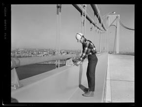 Verrazano-Narrows Bridge, Horizontal View of Man and Handrail on Bridge