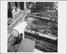 [Aerial view of construction of the World Trade Center.]