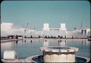 [United States - Federal Building behind fountains.]