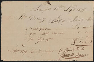 Receipted bill issued by James W. Brown on behalf of Jared Peck to John Peter De Lancey, September 16, 1819