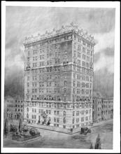 Park Avenue at the corner of East 54th Street. Apartment house, watercolor rendering.