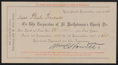 [Rental of pew number 85 for one year in St. Bartholomew's Church.]