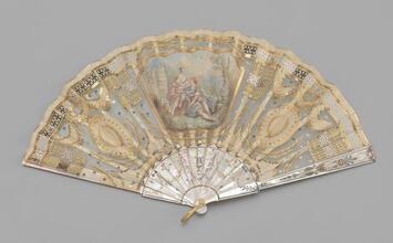 Folding fan of painted and sequined silk gauze leaf