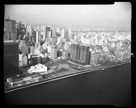 890-870 United Nations Plaza. United Nations Plaza Apartments, Aerial View, General View With U.N. Cafeteria Building At Lower Left, Apartments At Right