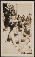 [Sophie Tucker with two unidentified men at the beach.]