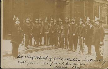 Batt. Chief Worth of the 3rd Battalion instructing Capt. Jenning of H & L Co. No. 20. March 1908.