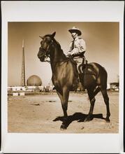 [New York World's Fair. Mounted police officer (With the Trylon and Perisphere in the background.).]