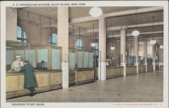 U.S. Immigration Station, Ellis Island, New York.  Railroad Ticket Room.