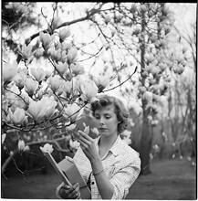 Betsy Von Furstenberg [In front of a magnolia tree.]