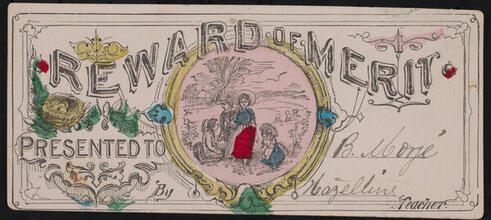 [Reward of merit presented to B. Morje by teacher Hazeltine.]