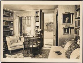 [Residence. Interior, library with door to garden.]