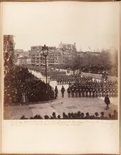 Tuesday April 30th 1889. The 23rd Regiment, Brooklyn turning the corner of 15th Street and Union Square in Military Parade [Washington's Centennial Parades.]