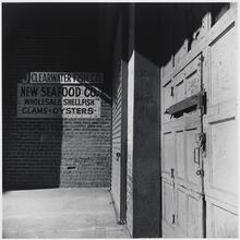 Storefront wall, site of new Fulton Mall, April 1982.