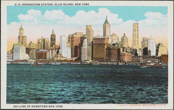 U.S. Immigration Station, Ellis Island, New York. Sky-Line of Downtown New York.