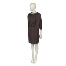 Dinner ensemble comprising two-piece dress and jacket in floral-patterned brown silk