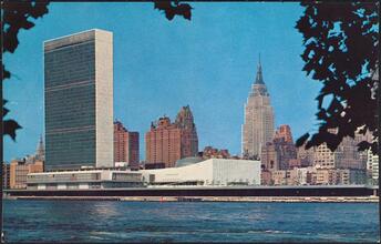 A view of the United Nations Headquarters, from across the East River.