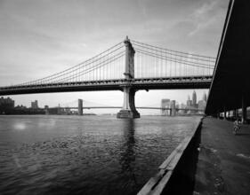 [Looking south on South Street to the Manhattan and Brooklyn Bridges and the Lower Manhattan skyline.]