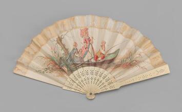 Folding fan of hand-painted silk-covered paper leaf