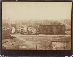 [View from the roof of George Ehret's home at Park Avenue and 94th Street.] Looking directly south. Shows Perepa Hall, now altered & Woolworth's store at the northeast corner of Third Avenue and 86th 