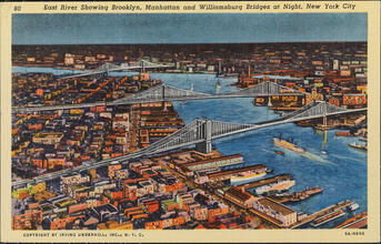 East River, Showing Brooklyn, Manhattan and Williamburg Bridges at Night, New York City
