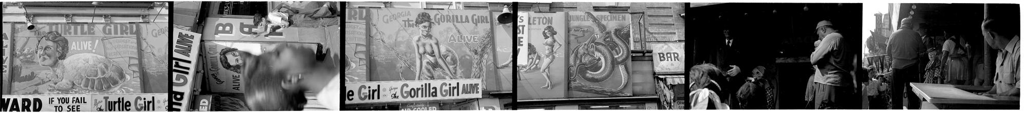 [Views of Coney Island sideshow.]