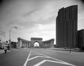 [Manhattan Bridge arch and colonnade and Confucius Plaza.]