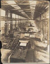[Interior of marble works, cutting slabs.]