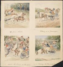 Off for a Ride ; Taking in a passenger ; Meet the Circus on the road ; Giving the Pony a drink.