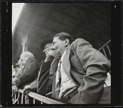 Aqueduct Race Track [Men on grandstand's steps at a racetrack.]