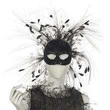 Mask and three-part headpiece of black standing feathers and feather shafts