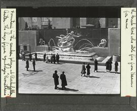 Fountain in the sunken plaza at Rockefeller Center. The huge figure symbolizes "Prometheus" the Greek God who stole fire from Heaven for man.