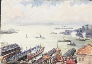 [The "Queen Mary" in New York Harbor]