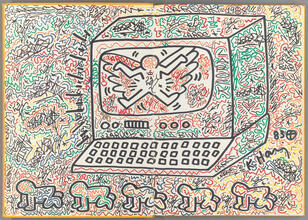 [INSIDE FRONT COVER AND FIRST PAGE OF KEITH HARING'S BOOK.]