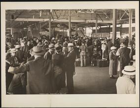 French Line, 610 Fifth Ave., "Normandie" Leaving Pier #88 N.R., Pier Scenes, Crowd on Upper Level.