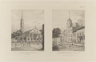 A. St. Paul's Church, Broadway; B. Merchant's Exchange, Wall St.