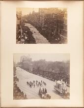 Washington's Centennial Parades [Participants marching in the parade in Union Square; parade passing the grandstands at Madison Square Park.]
