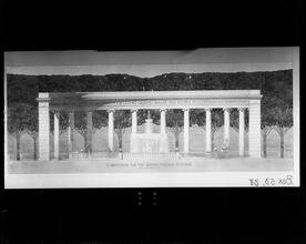 Joseph Pulitzer Fountain competition. Rendered elevation showing fountain centered in front of a semi-circular collonade.