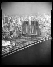 890-870 United Nations Plaza. United Nations Plaza Apartments, Aerial View, Corner of U.N. Assembly At Left, Apartments At Right Vertical
