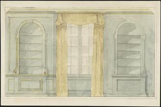 [Wall with bookshelves and double windows.]