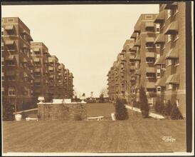 [Hawthorne Court. Apartment buildings and garden.]